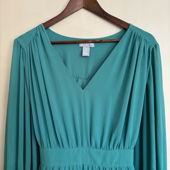 H&M| Vibrant Green Sheer Long Sleeve V-Neck Tie Back Party Dress Sz XL - Picture 4 of 6